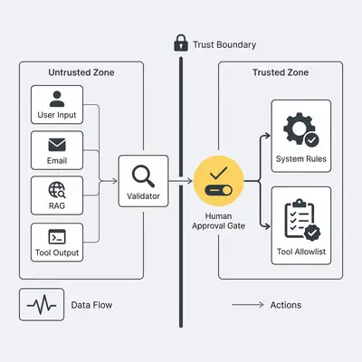 Trust boundary diagram for LLM automation showing untrusted inputs and action gating